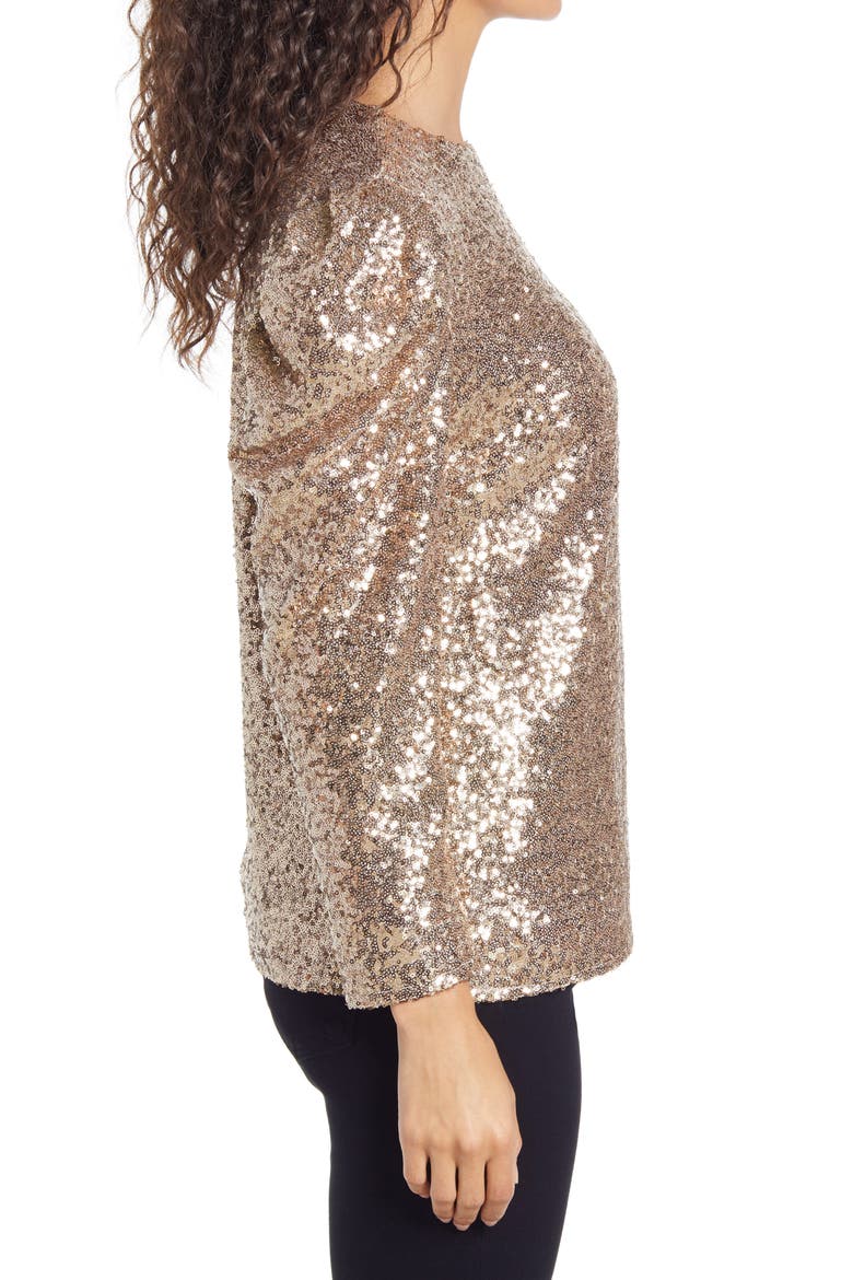 Rachel Parcel Sequin Puff Shoulder Top, Alternate, color, GOLD