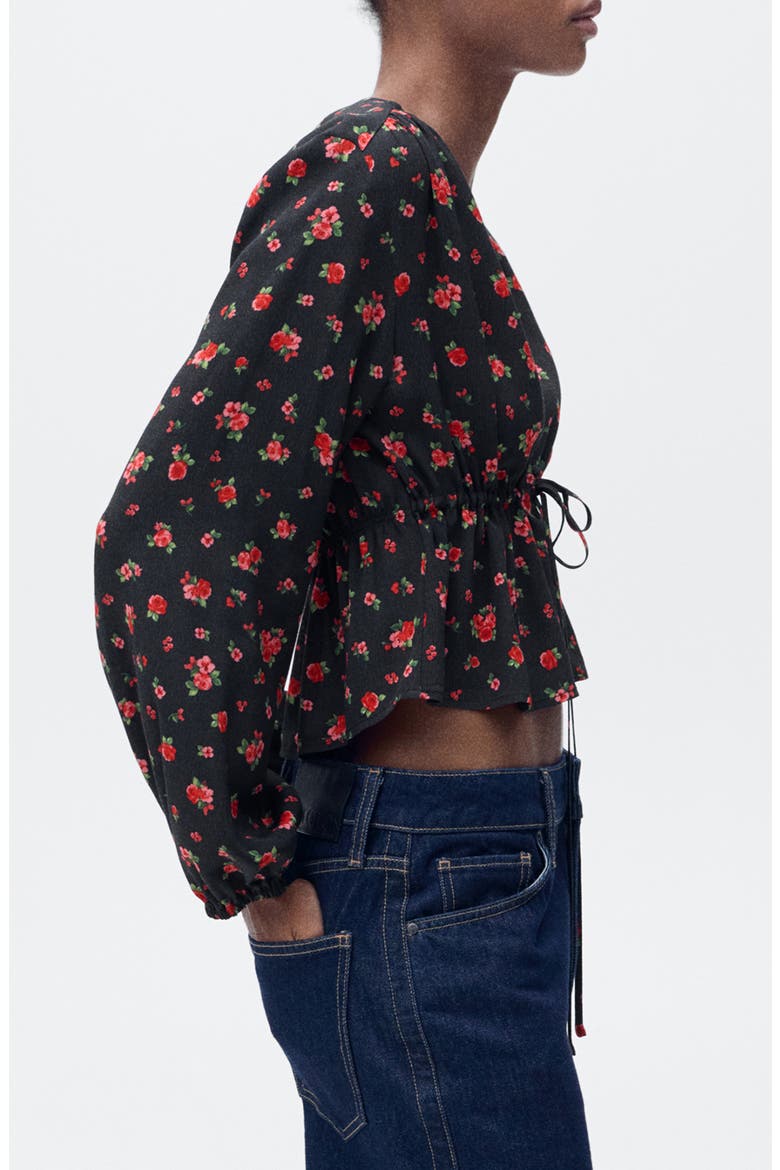 Floral Tie Front Top, Alternate, color, BLACK