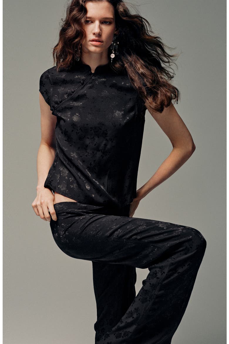 Tamary Jacquard Band Collar Top, Alternate, color, CHARCOAL