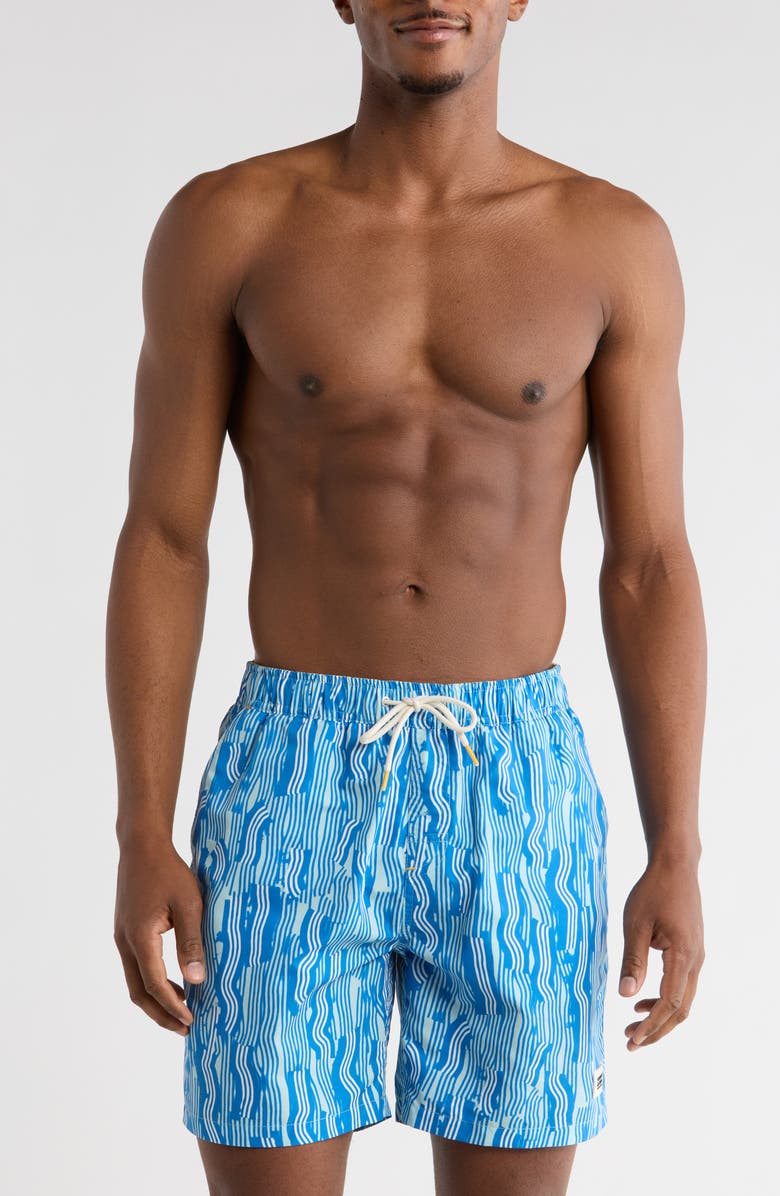 Scotch & Soda Print Mid Length Swim Trunks, Main, color, Vuur Island Stripe