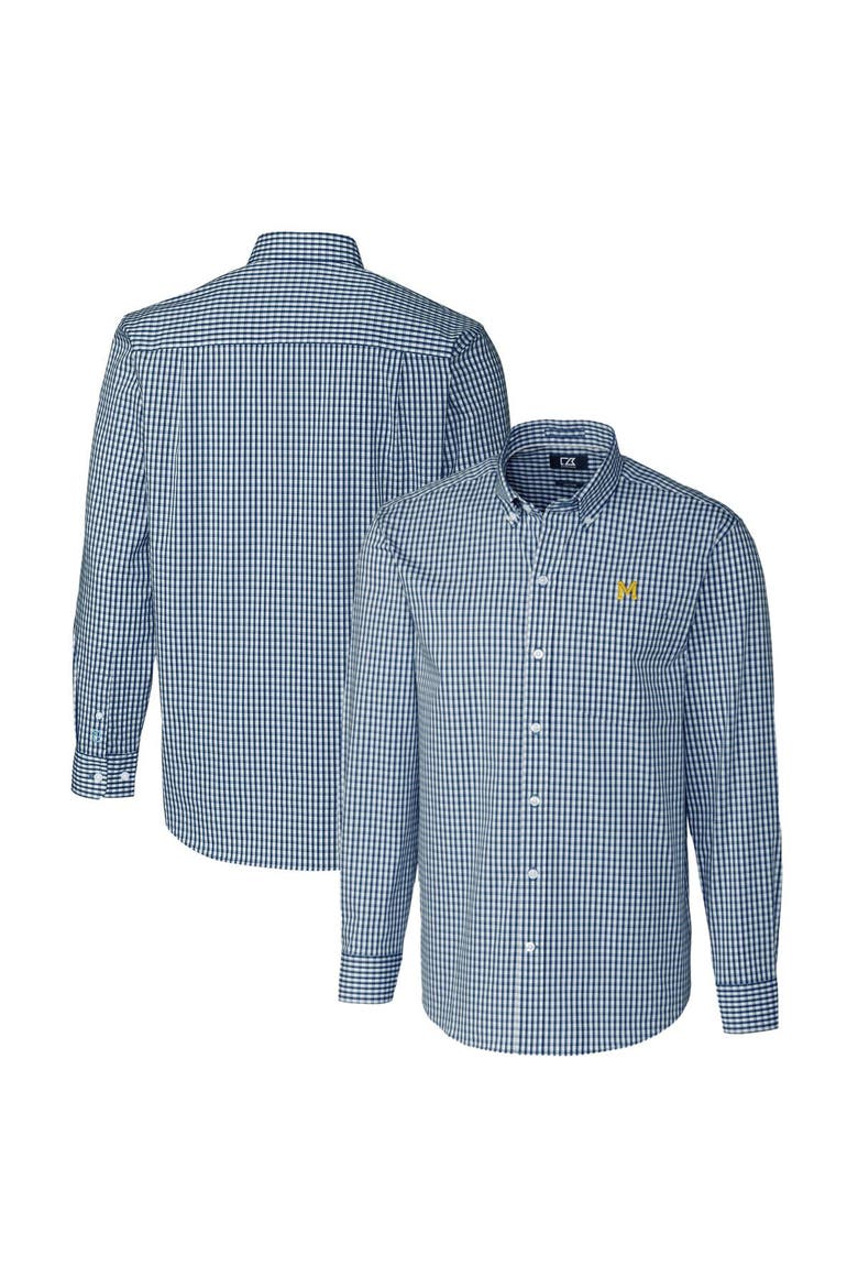 Men's Cutter & Buck Navy Michigan Wolverines Easy Care Stretch Gingham Long Sleeve Button-Down Shirt, Main, color, Navy