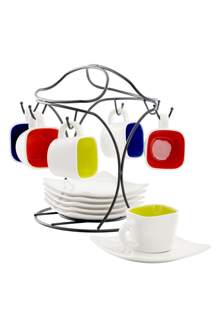 Crenshaw 13 Piece Square Stoneware Espresso Cup Set with Metal Stand, Main, color, Red
