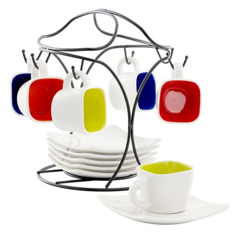 Crenshaw 13 Piece Square Stoneware Espresso Cup Set with Metal Stand