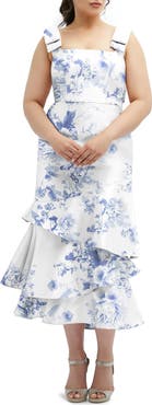 Dessy Collection Floral Print Ruffle Sleeveless Satin Midi Dress
