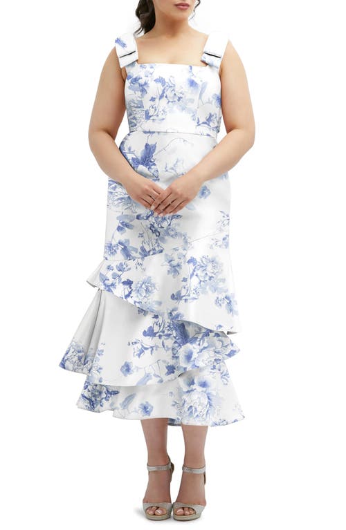 Dessy Collection Floral Print Ruffle Sleeveless Satin Midi Dress in Cottage Rose-Larkspur Print 