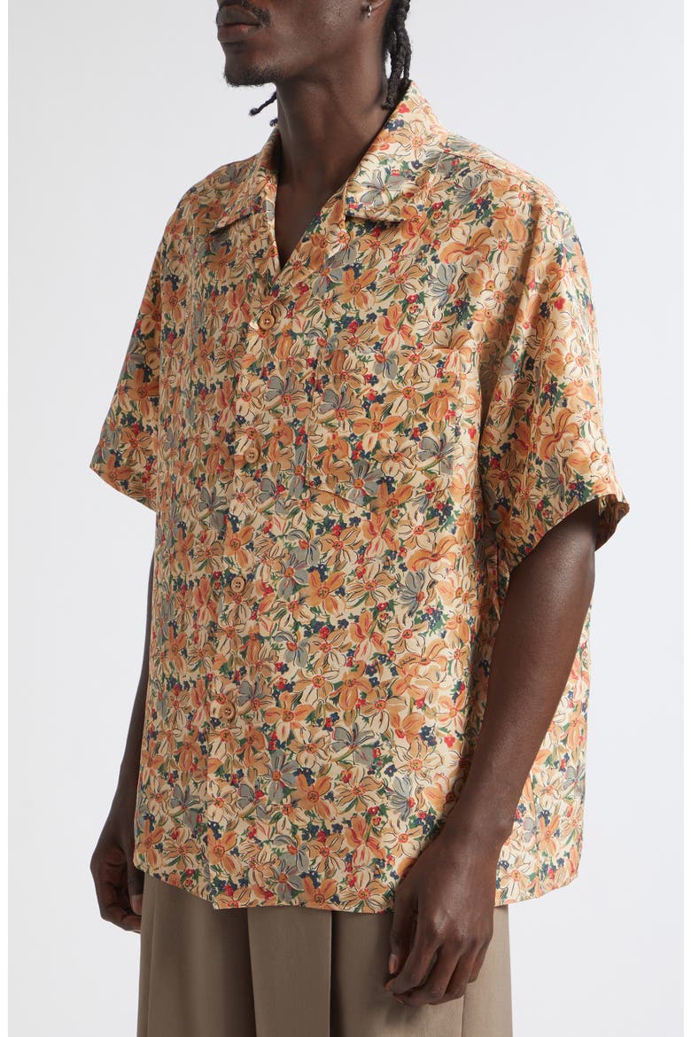 Papier Floral Short Sleeve Silk Poplin Button-Up Shirt, Alternate, color, BEIGE MULTI