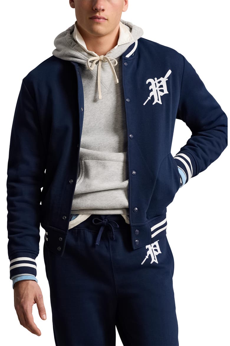 Felted Snap-Up Baseball Jacket, Main, color, CRUISE NAVY