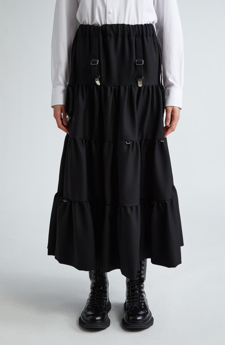 Noir Kei Ninomiya Tiered Wool Gabardine Maxi Skirt, Main, color,