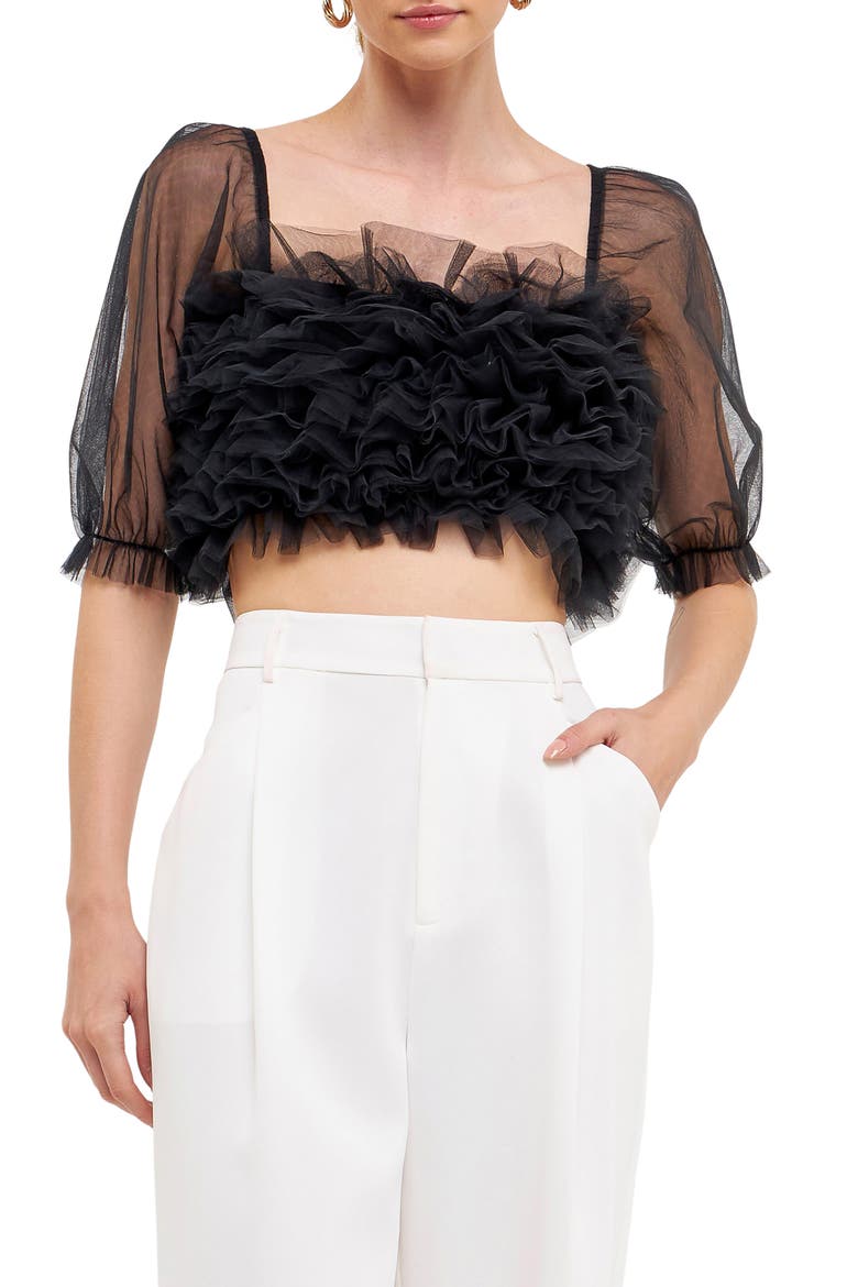 Ruffle Puff Sleeve Tulle Crop Top, Main, color, BLACK