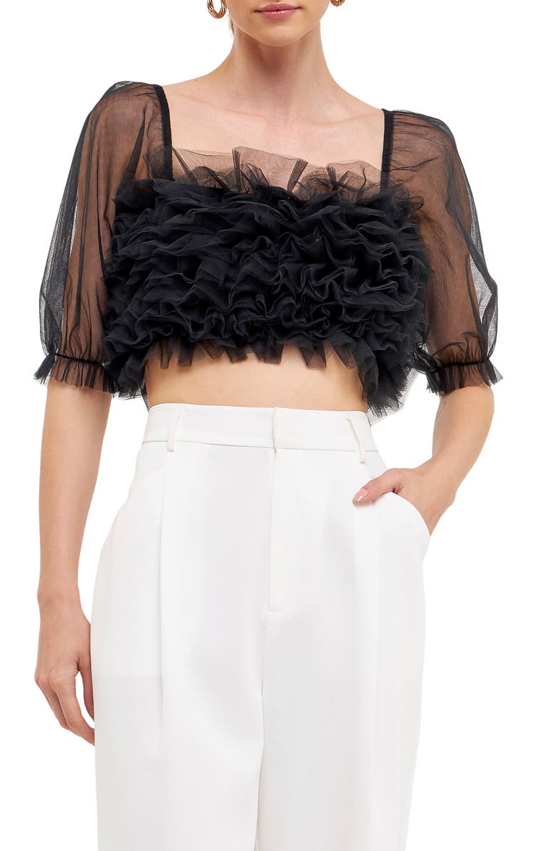 Endless Rose Ruffle Puff Sleeve Tulle Crop Top, Main, color, Black