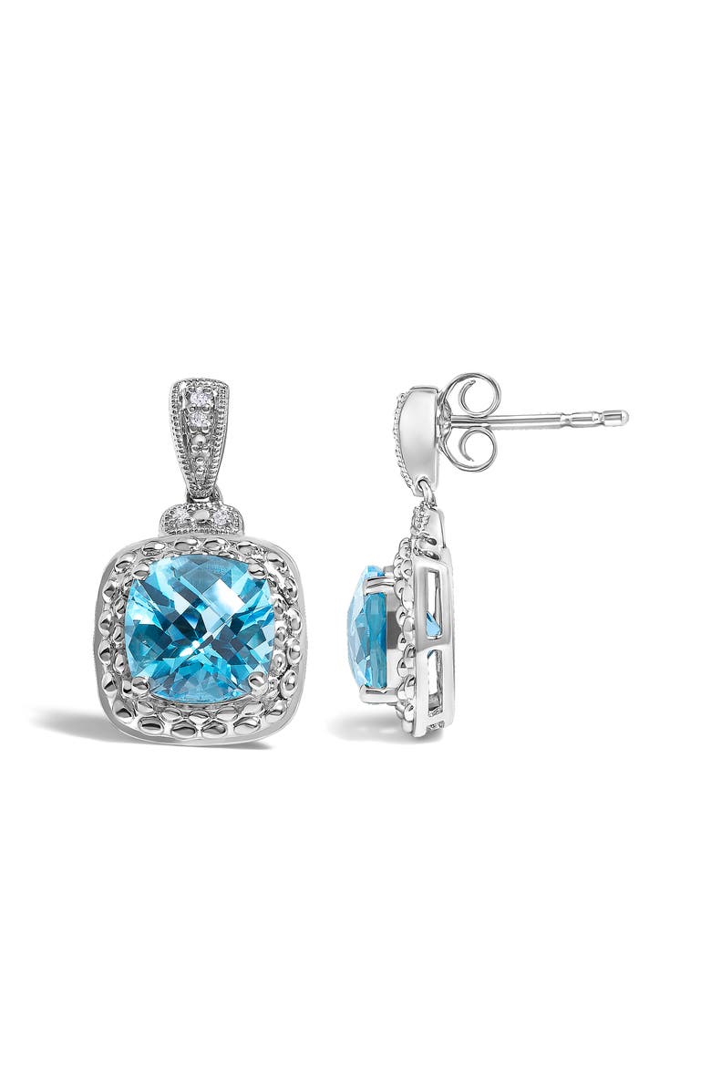 Haus of Brilliance Sterling Silver 8x8mm Cushion Cut Blue Topaz and Diamond Accent Drop Earrings, Alternate, color, Silver