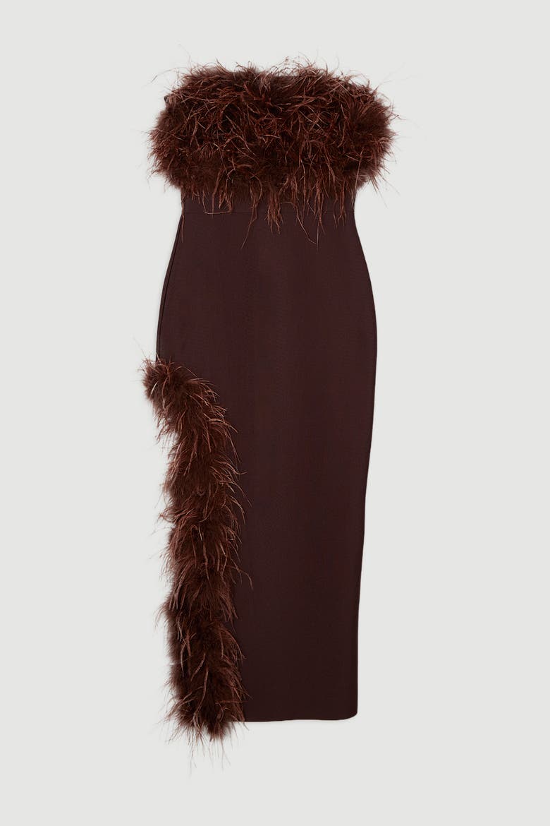 Feather Detail Bandeau Knit Midi Dress, Alternate, color, Chocolate