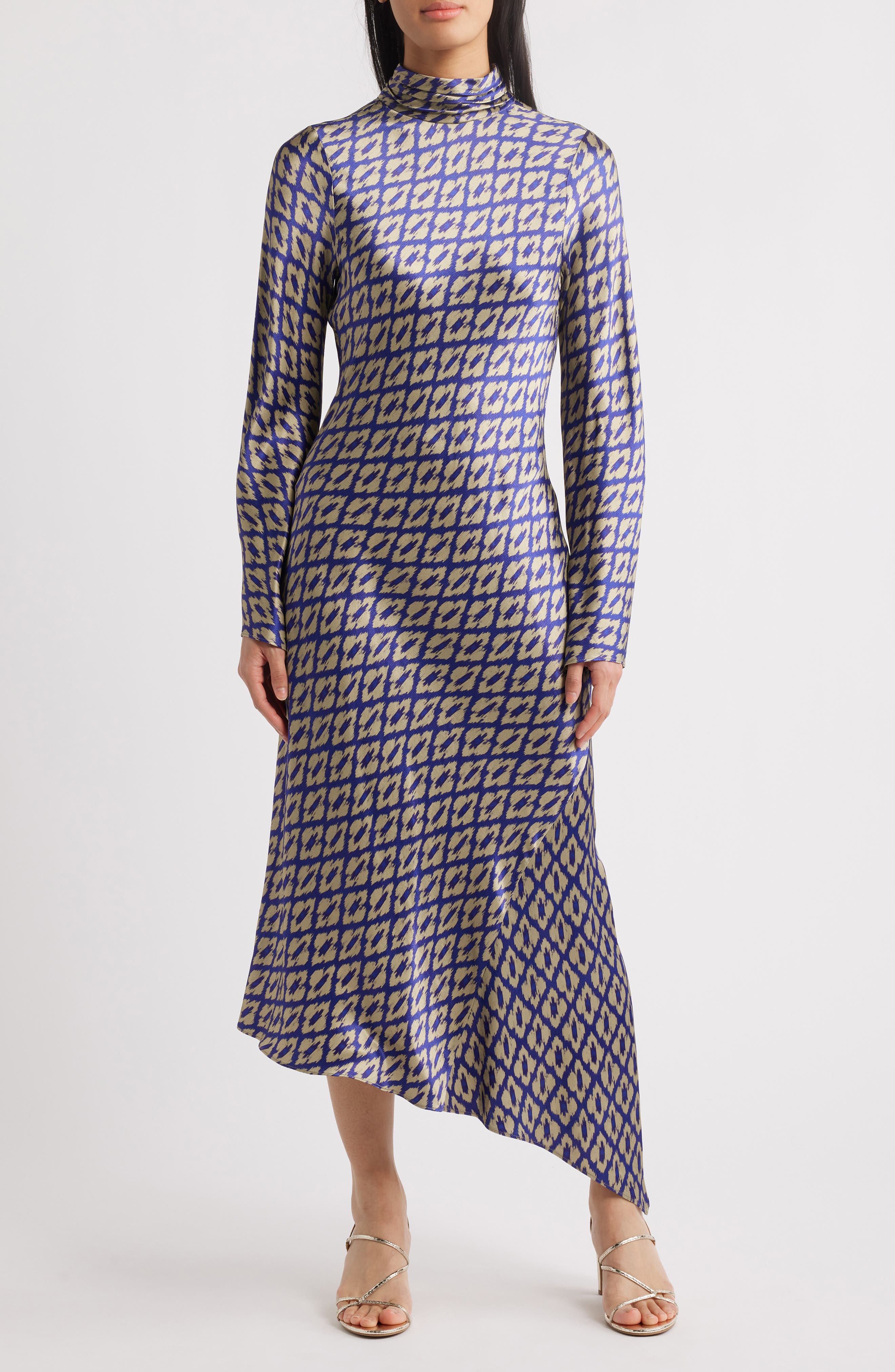 Neena Ikat Print Long Sleeve Asymmetric Cocktail Dress with Dupatta