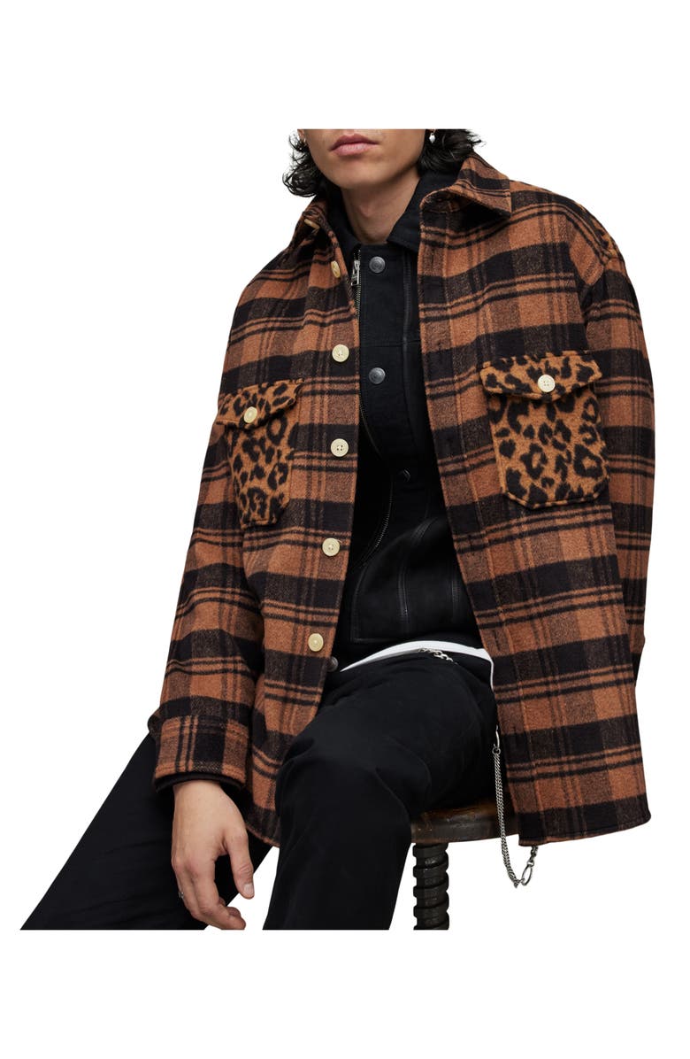 AllSaints Glasco Check & Leopard Flannel Button-Up Shirt, Alternate, color, 