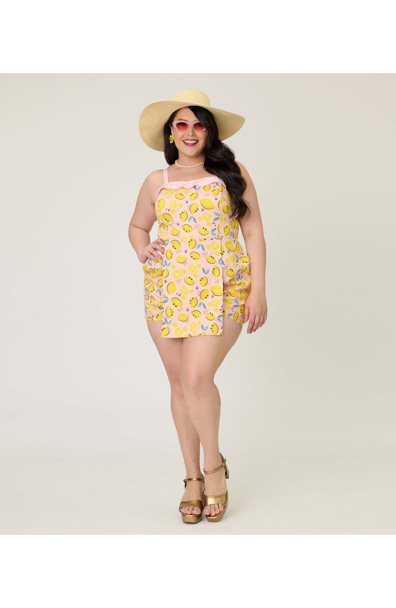 Unique Vintage Plus Size Skirted Dolly Romper, Alternate, color, Pink & Yellow Citrus