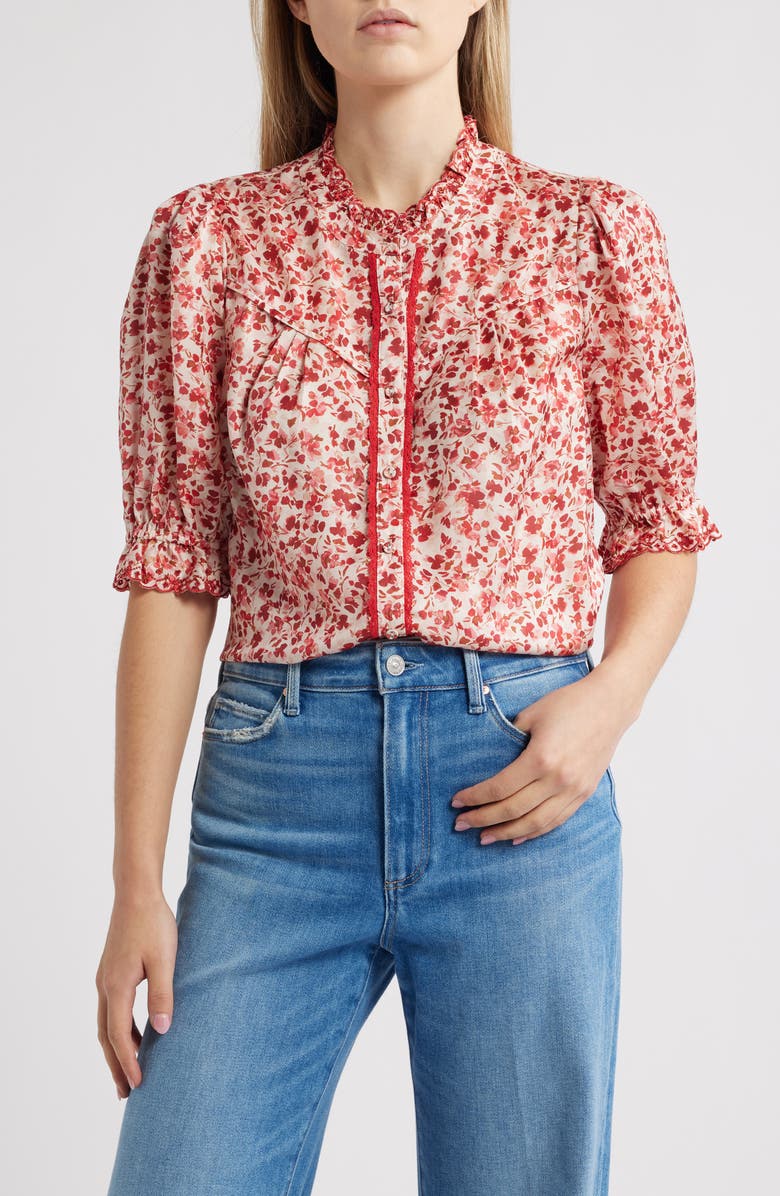 Wit & Wisdom Print Ruffle Eyelet Shirt, Main, color, Off White/ Poppy Red Multi