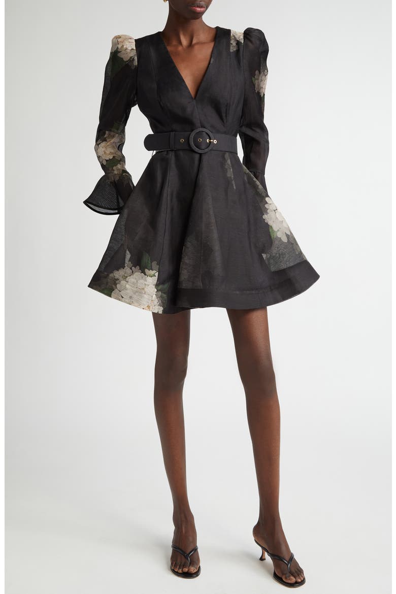 Balance Long Sleeve Belted Linen & Silk Fit & Flare Minidress, Main, color, BLACK HYDRANGEA