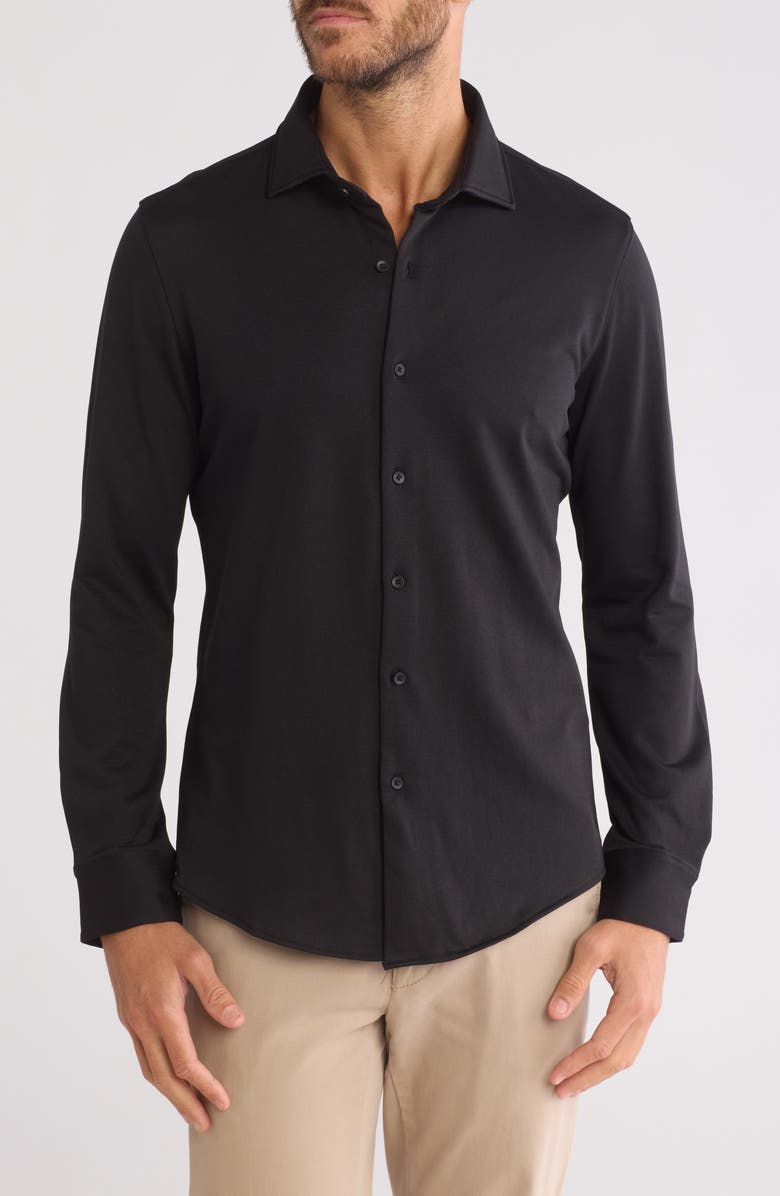 DENIM AND FLOWER Solid Knit Button-Up Shirt, Main, color, Black