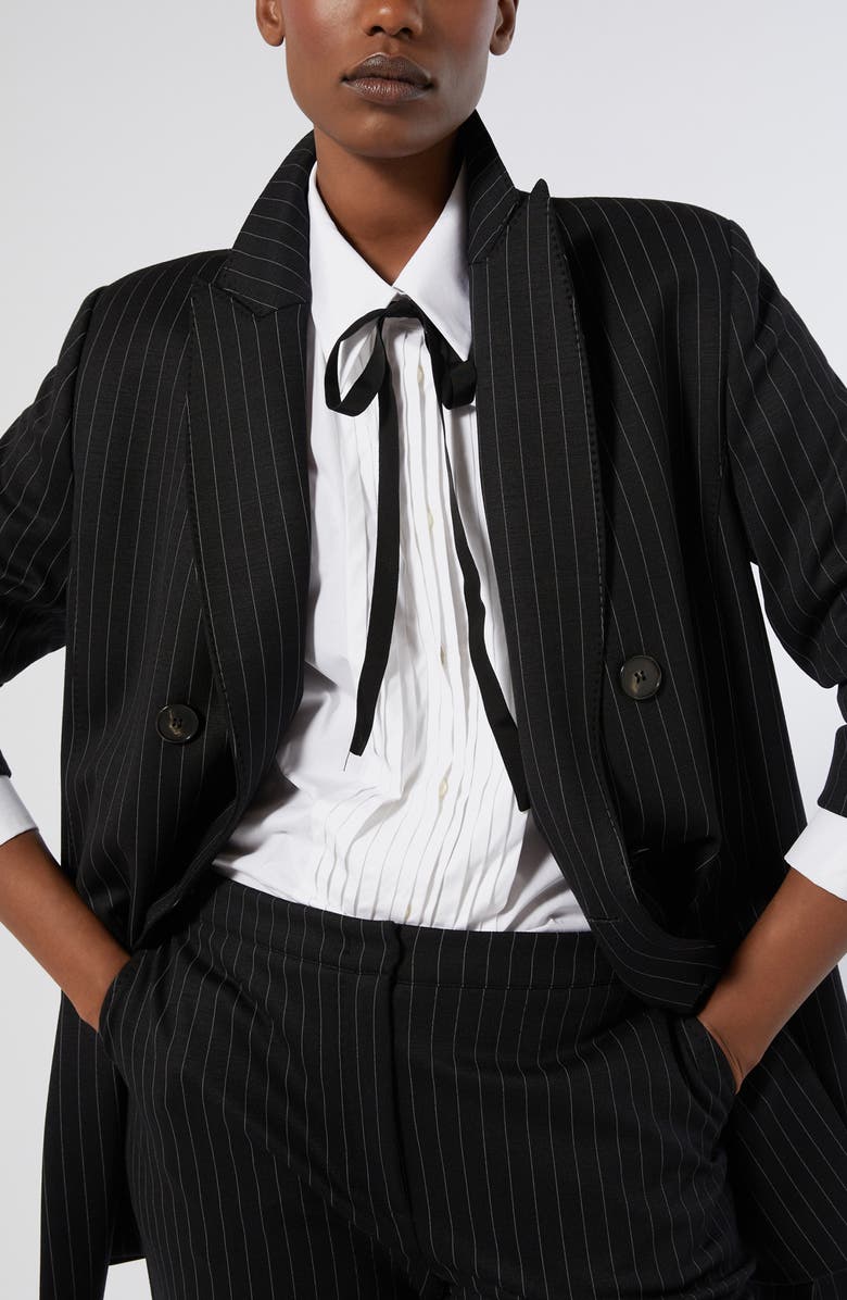 Marina Rinaldi Barbra Pinstripe Stretch Jersey Jacket, Alternate, color, Black