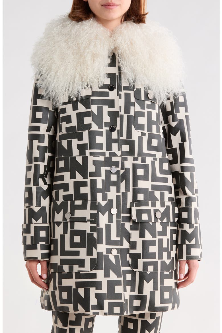 Genuine Shearling Collar Logo Print Leather Coat, Main, color, CHALK