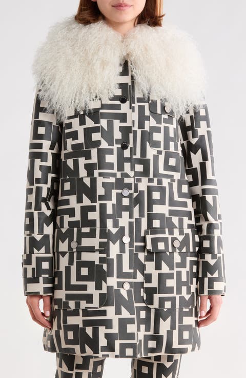 Genuine Shearling Collar Logo Print Leather Coat