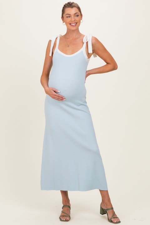 Blue Knit Contrast Shoulder Tie Dress