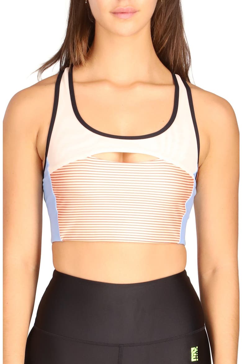 Rol Shot Cutout Sports Bra, Main, color, STRIPE PRINT/ IVORY