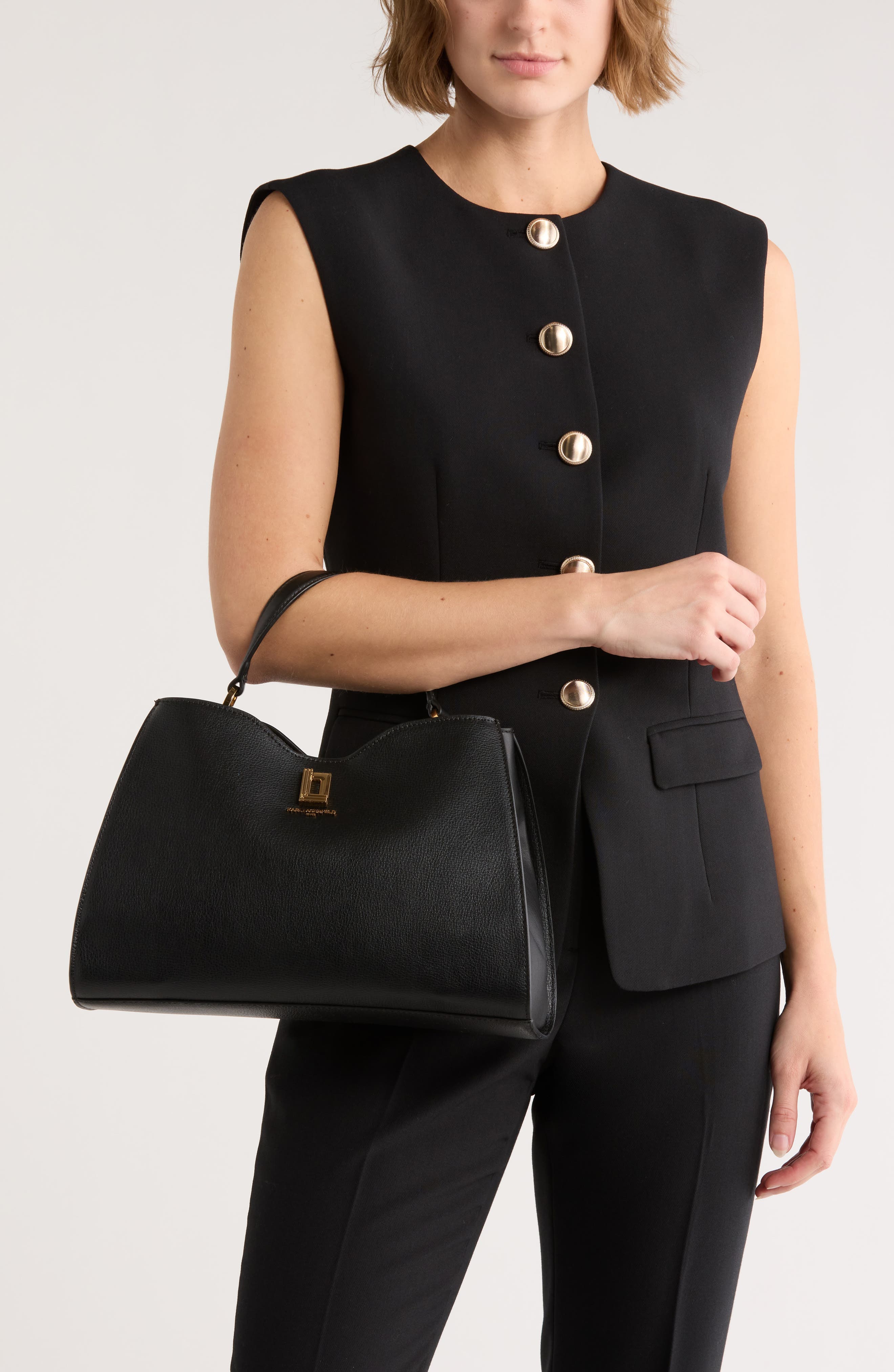 KARL LAGERFELD PARIS Elle Leather Satchel, Alternate, color, Black/ Gold