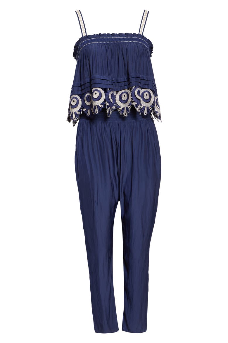 Monica Smocked Waist Sleeveless Jumpsuit, Alternate, color, SPRING NAVY