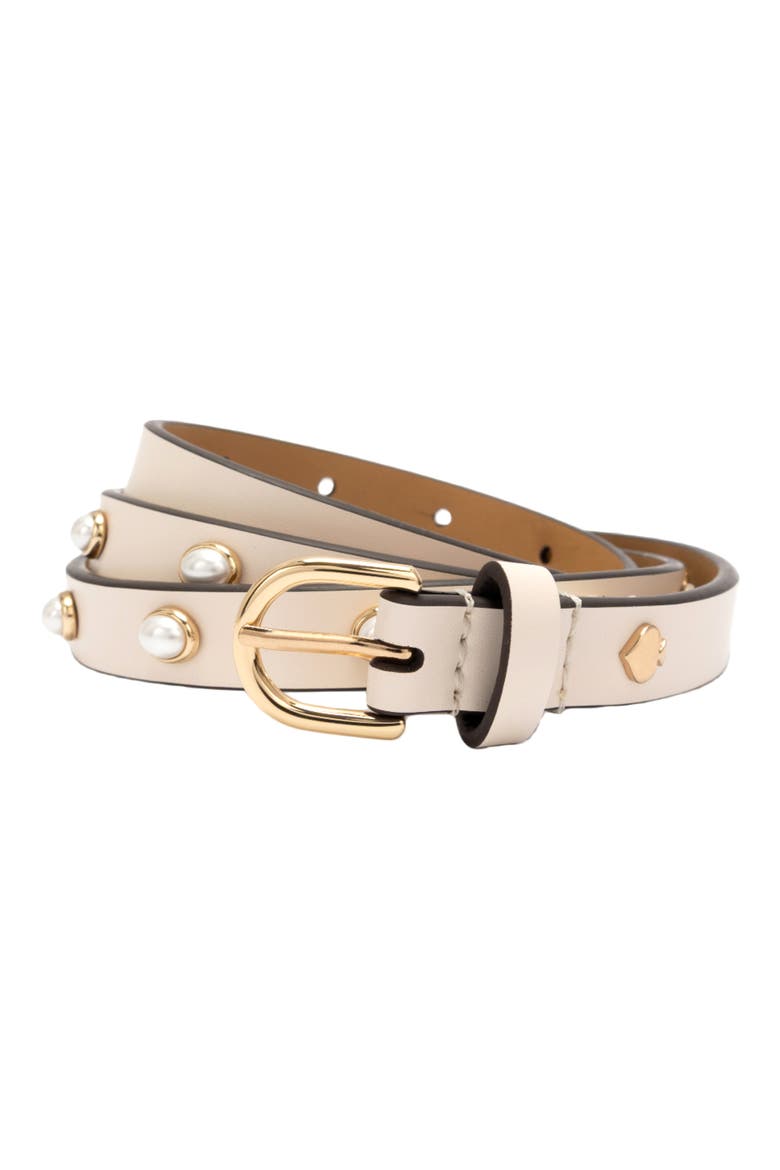 Faux Pearl Halo Stud Leather Belt, Alternate, color, CREAM