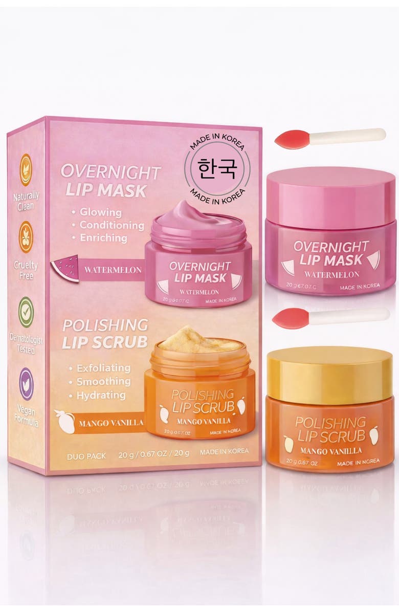 Lovery Korean Lip Care Duo Set - Mango Vanilla Exfoliating Lip Scrub & Watermelon Overnight Lip Mask, Main, color, Pink And Orange