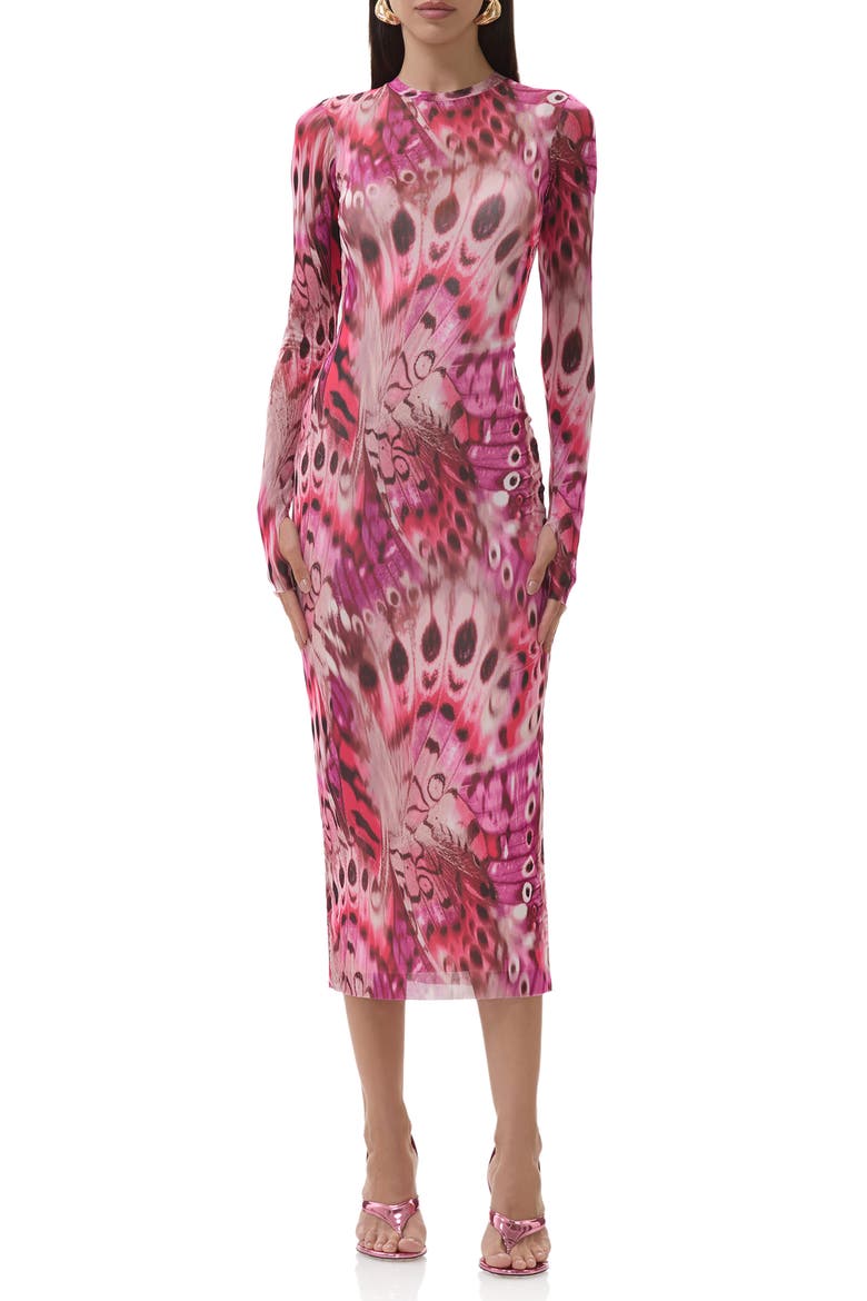 Ashland Print Long Sleeve Mesh Midi Dress, Main, color, BERRY BUTTERFLY
