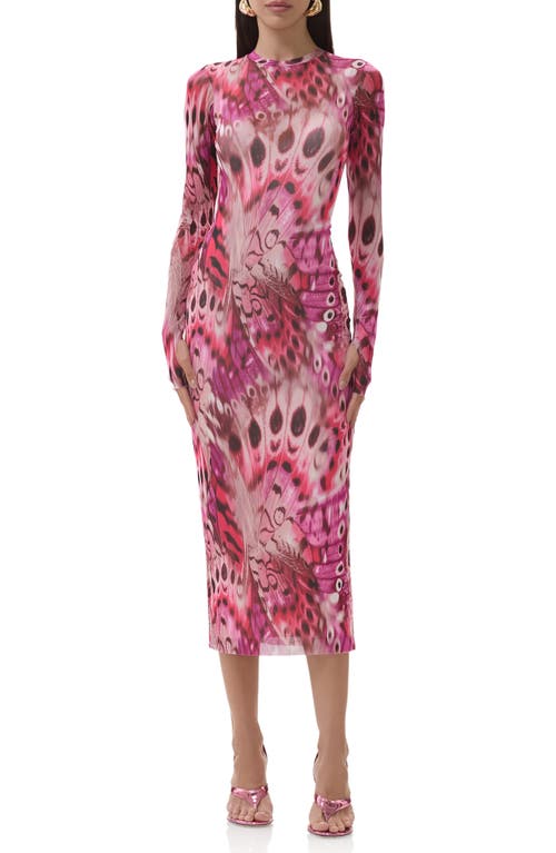 Afrm Ashland Print Long Sleeve Mesh Midi Dress In Multi