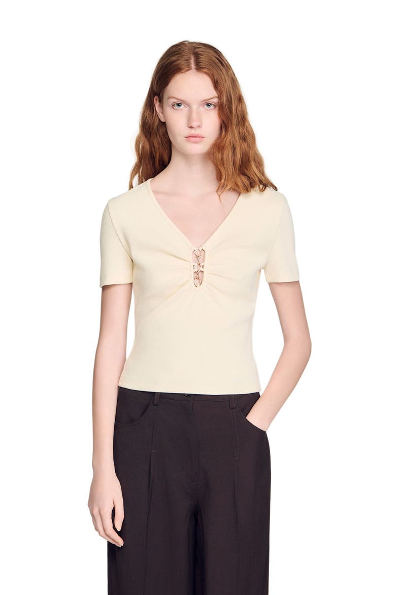 Jewelled cropped cotton T-shirt, Main, color, Ecru