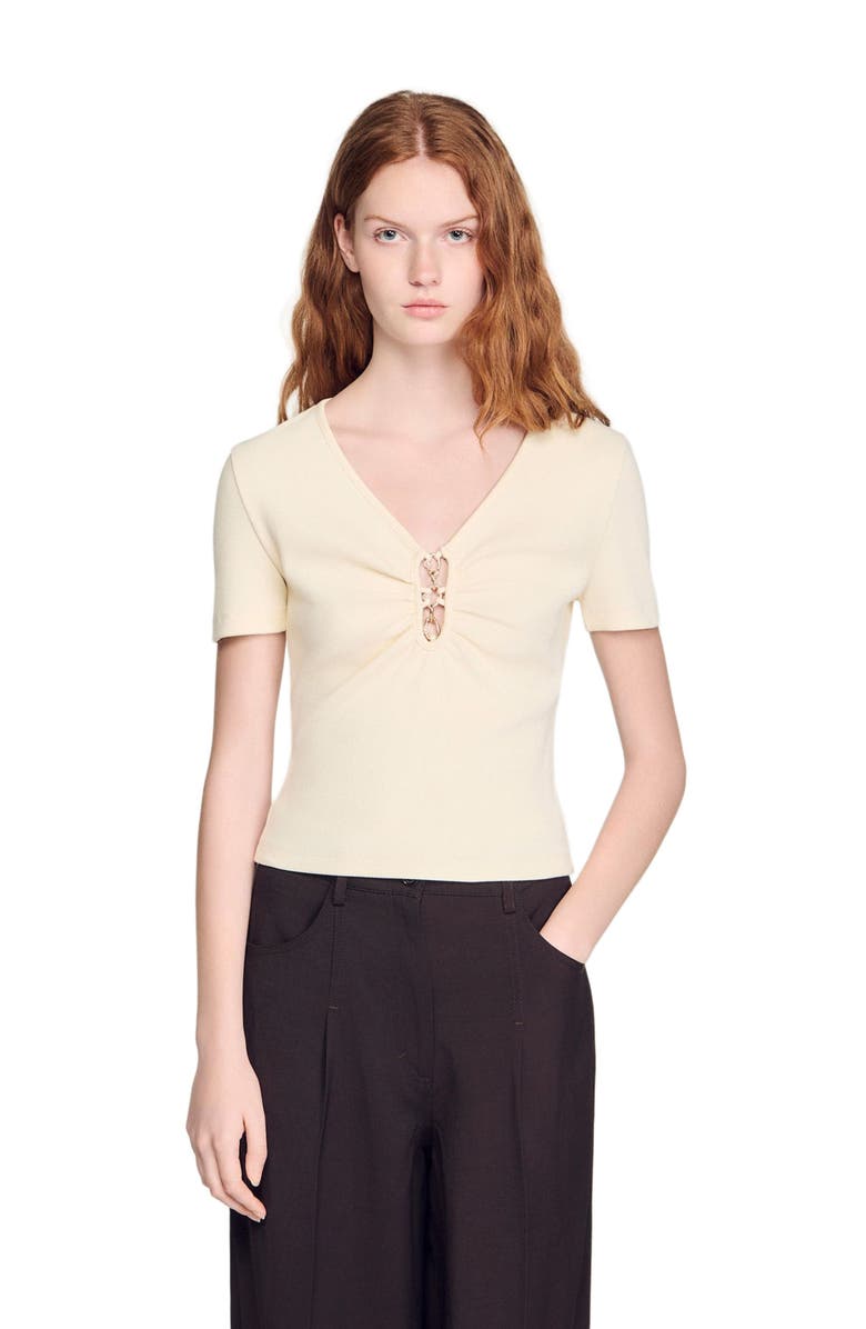 SANDRO Jewelled cropped cotton T-shirt, Main, color, Ecru