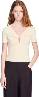 SANDRO Jewelled cropped cotton T-shirt