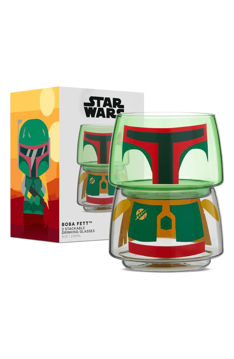 JoyJolt Star Wars<sup>™</sup> Set of 2 Stackable Boba Fett Glasses, Alternate, color, Green Multi