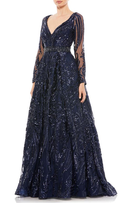 Mac Duggal Midnight Long Sleeve Embellished Evening Gown In Midnight