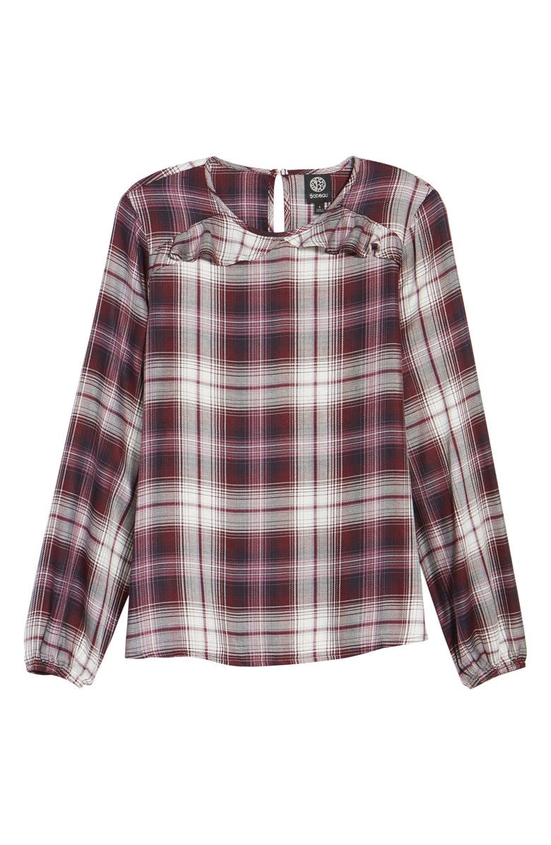 Bobeau Plaid Ruffle Top, Alternate, color, Purple Plaid