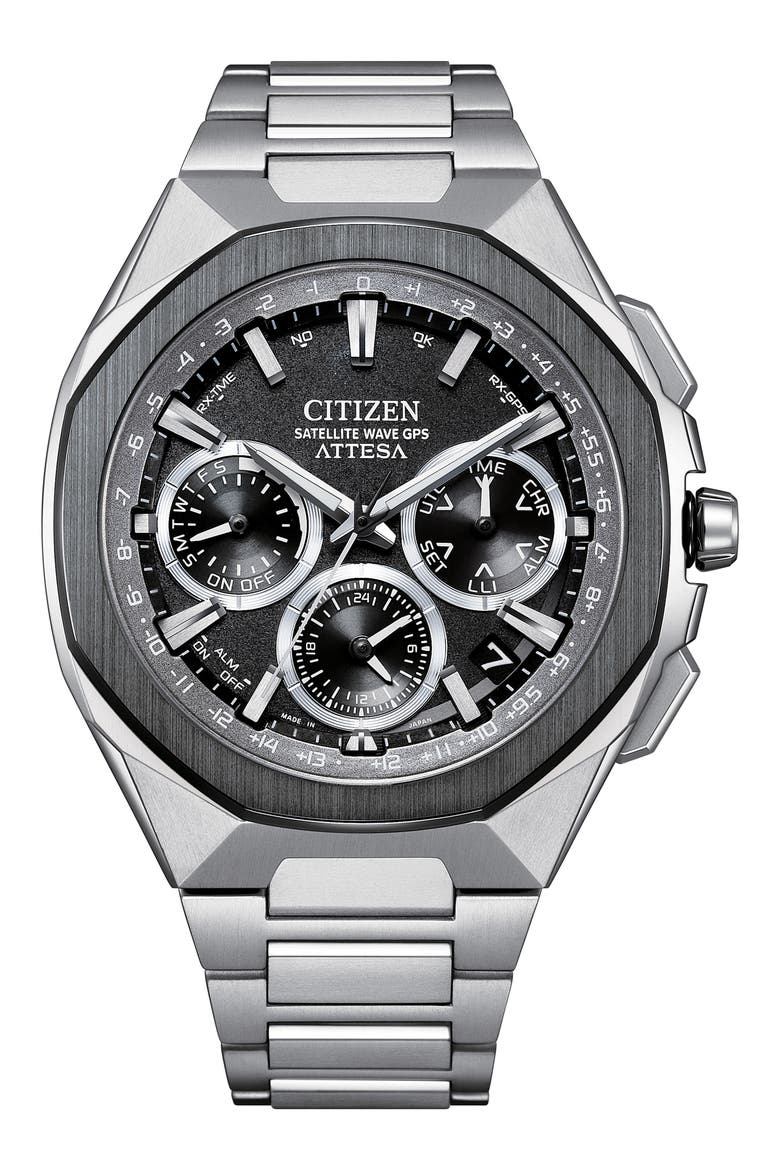 Attesa Satellite Wave GPS Eco-Drive Super Titanium™ Bracelet Watch, 43.2mm, Main, color, SILVER-TONE
