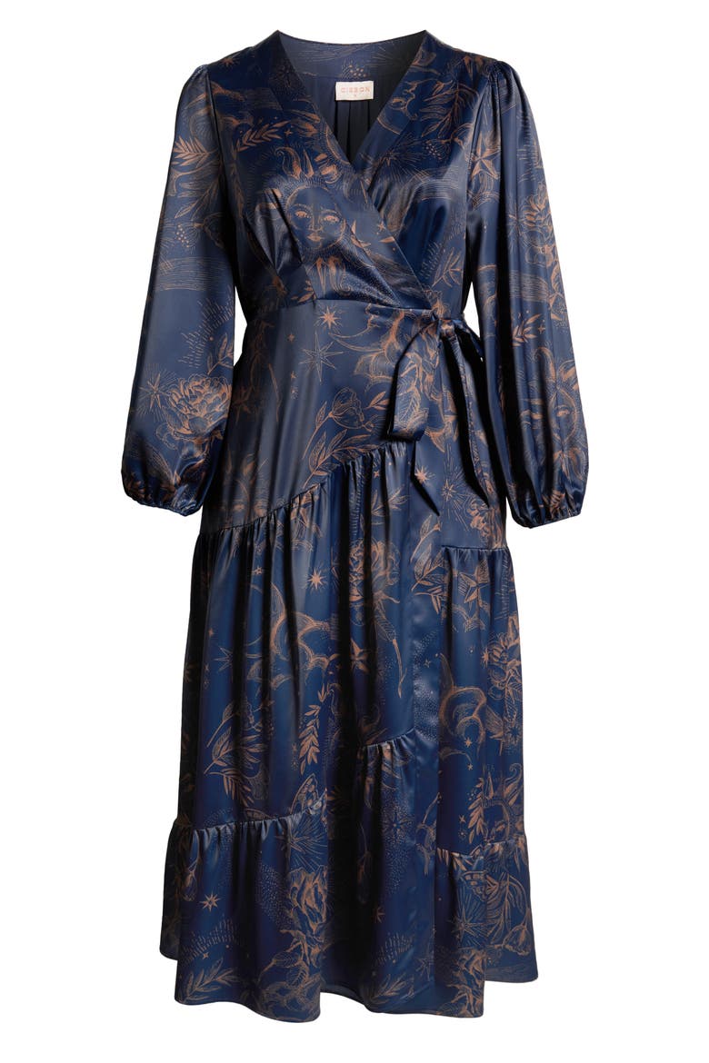 Lilian Long Sleeve Satin Wrap Maxi Dress, Alternate, color, NAVY MULTI