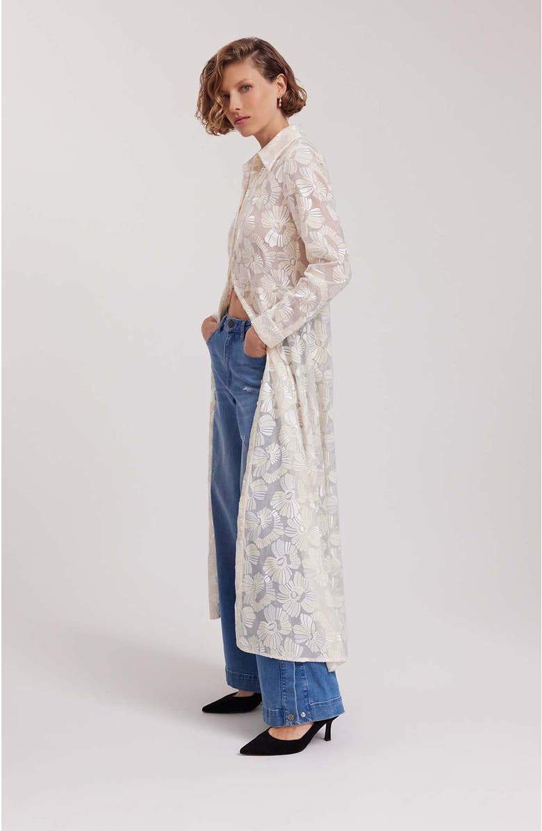 Anne Fontaine Women's Dress  Adelie White Full Length Sheer Shirt Dress With Embroidered Flowers, Alternate, color, Moon White