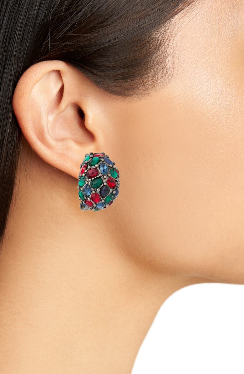 Kenneth Jay Lane Faux Ruby Emerald Sapphire Clip-On Earrings, Alternate, color, Gun Metal