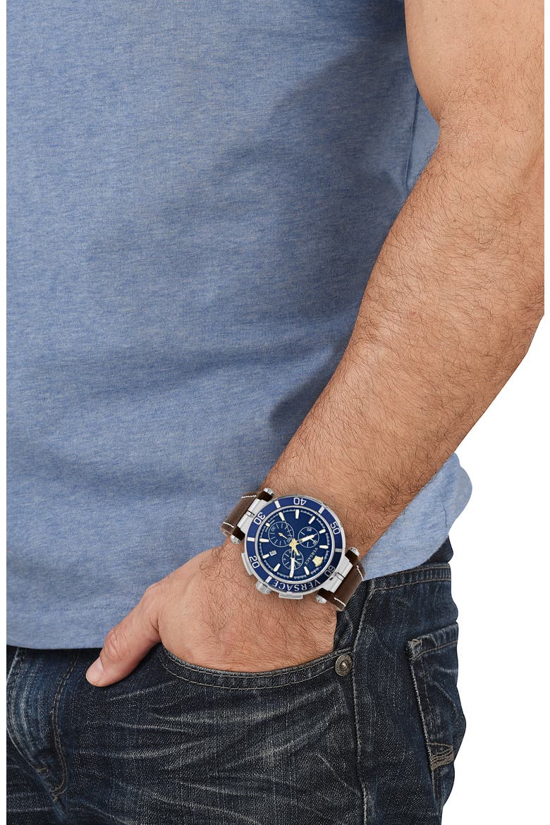 Greca Chronograph Leather Strap Watch, 45mm, Alternate, color, STAINLESS STEEL