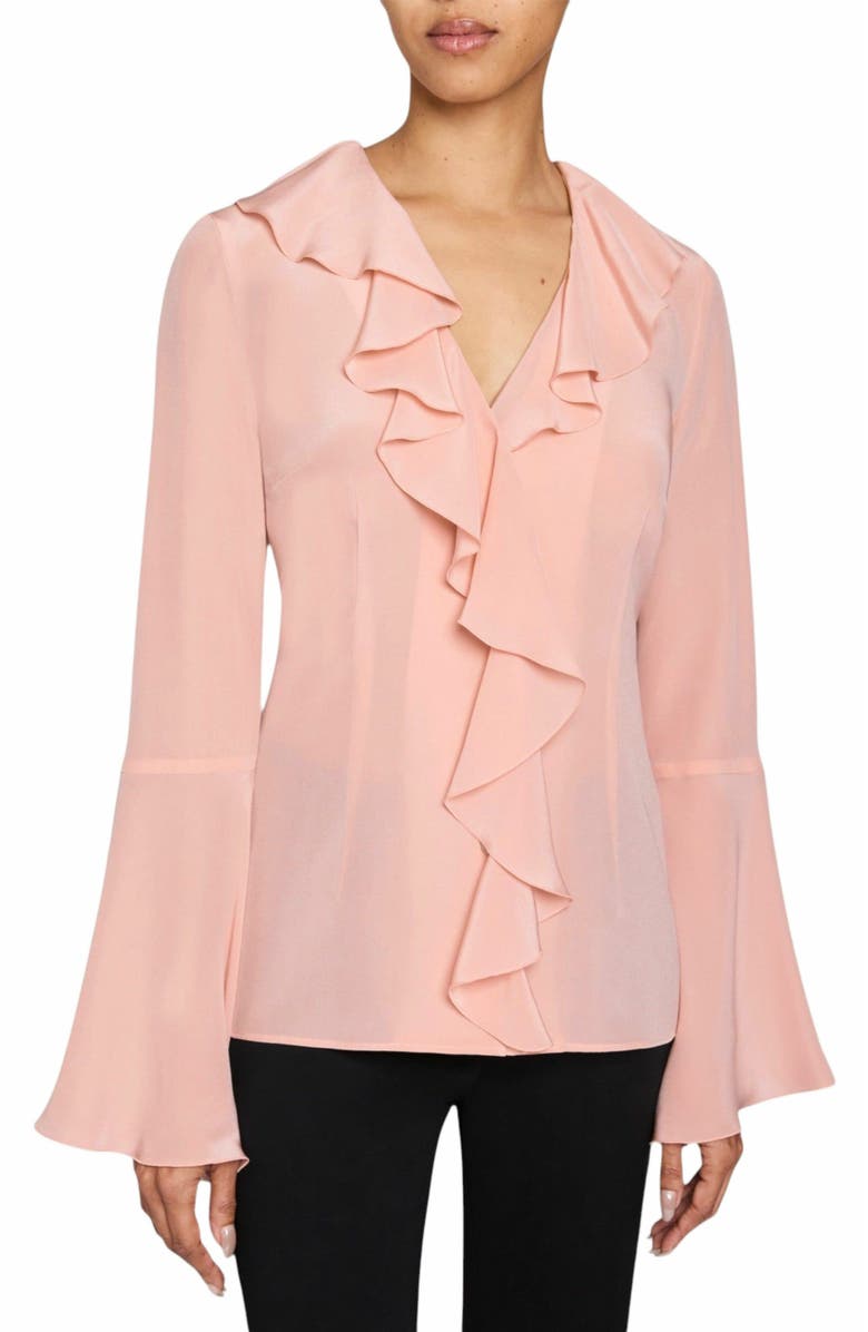 Santorelli SYDNEY Long Sleeve Button Down Blouse with Ruffles  in Silk Crepe de Chine, Main, color, 