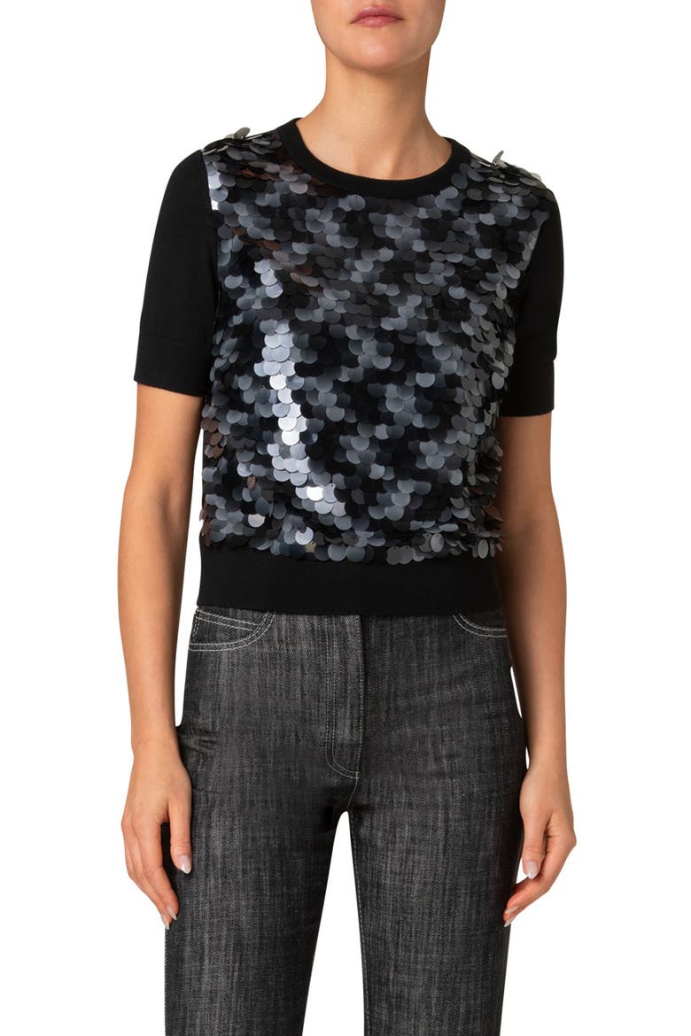 Paillete Short Sleeve Virgin Wool Sweater, Main, color, BLACK