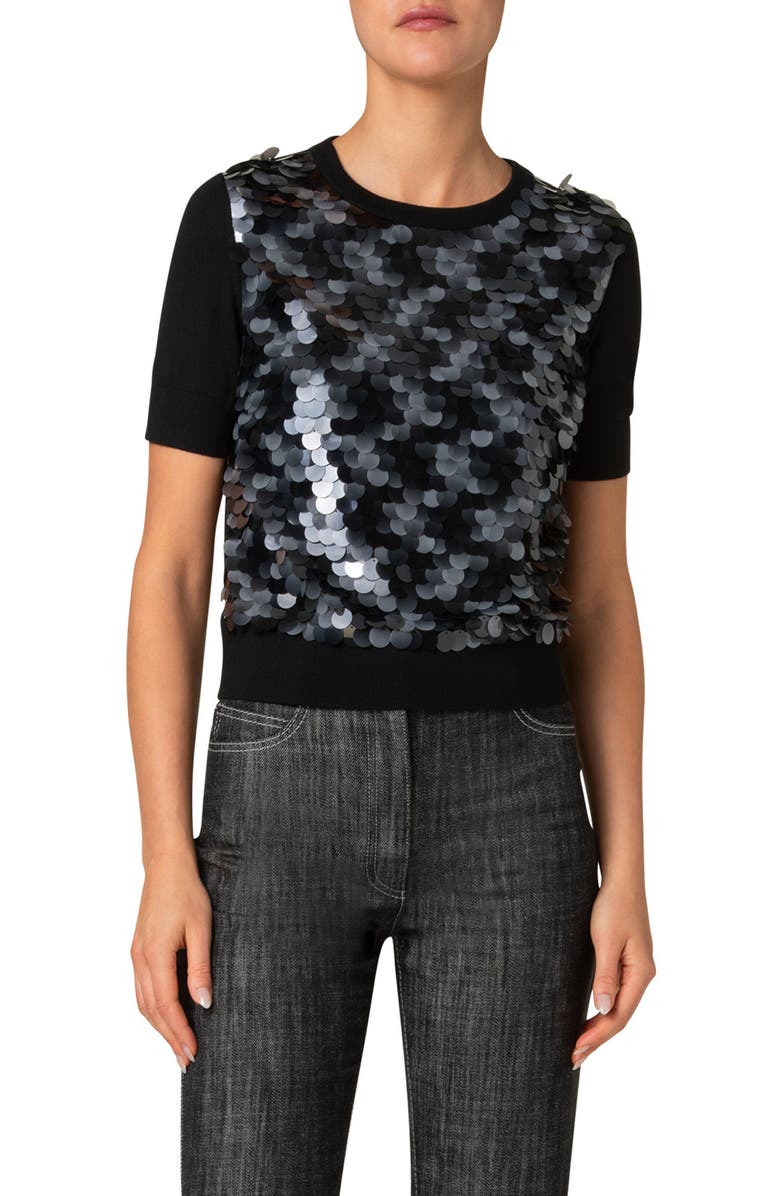 Akris punto Paillete Short Sleeve Virgin Wool Sweater, Main, color, Black