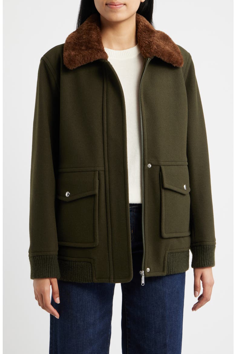 Relaxed Bomber Jacket with Faux Shearling Collar, Main, color, LODEN