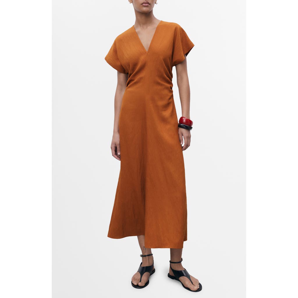 Mango Midi Dress With Gathered Sides Brown In Brown