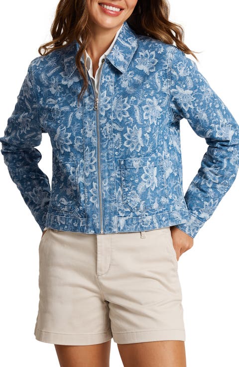 Floral Jacquard Zip Front Denim Jacket